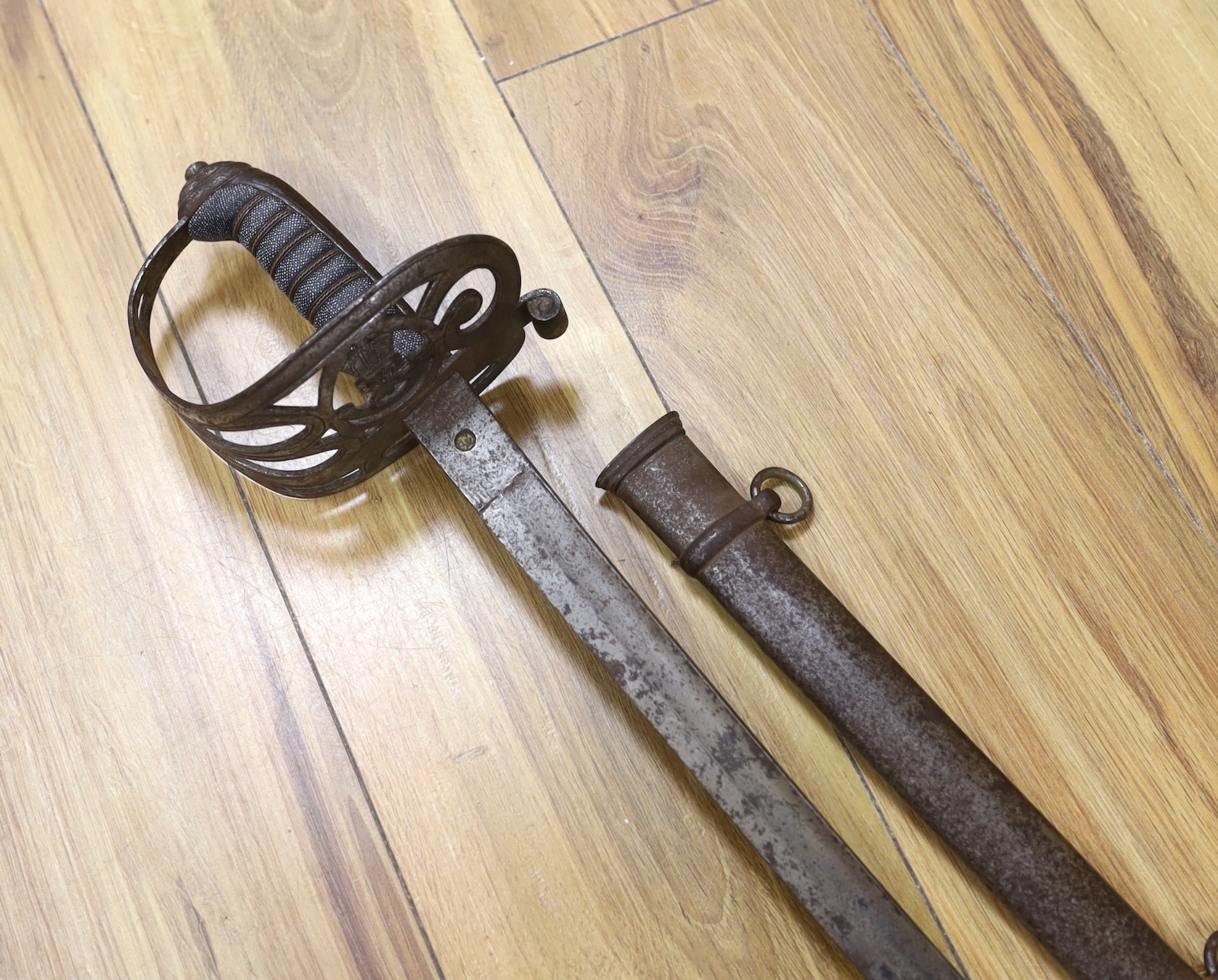 A 19th century shagreen handled and basket hilt, Recon Rifles officer's dress sword, 99cm long